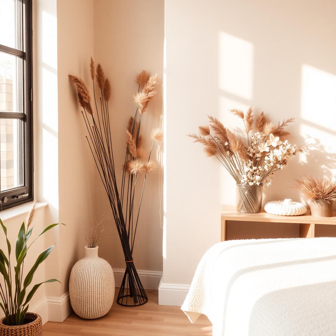 Warme, minimalistische Ecke des Kosmetikstudios mit Trockenblumen